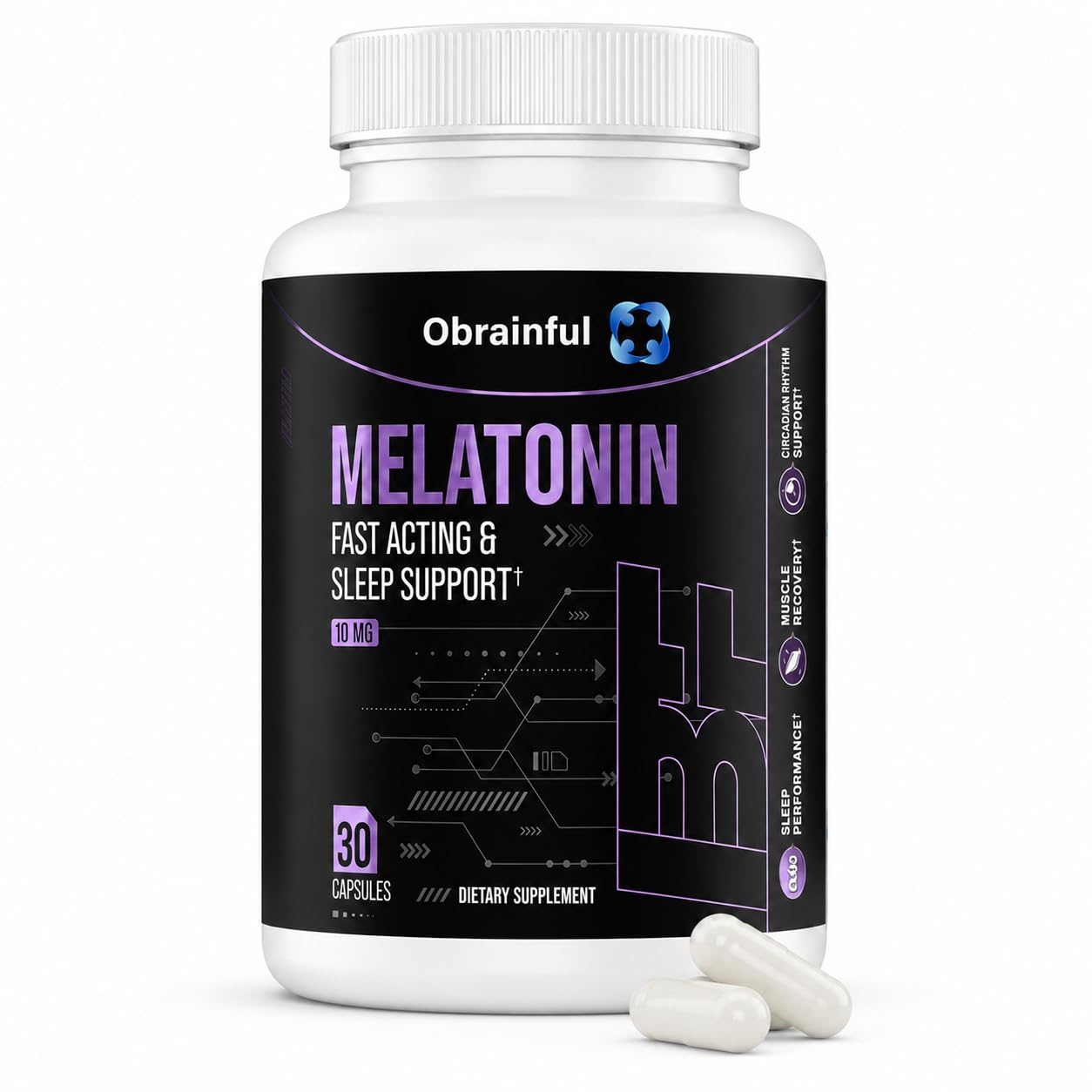 Obrainful Melatonin 10mg Capsules for Sleep Support & Nighttime Wellness, 30 Count