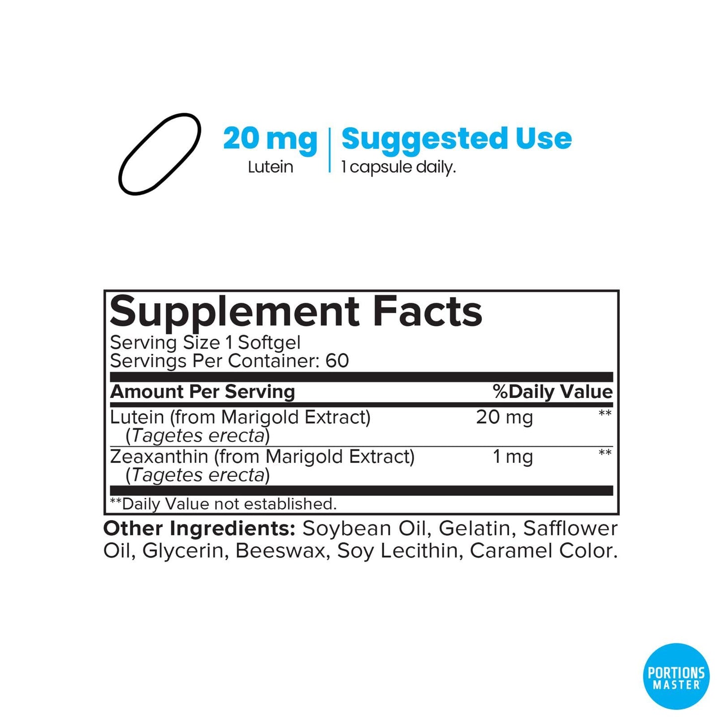 Portions Master Lutein 20mg + Zeaxanthin, Eye & Vision Softgels 60 Count