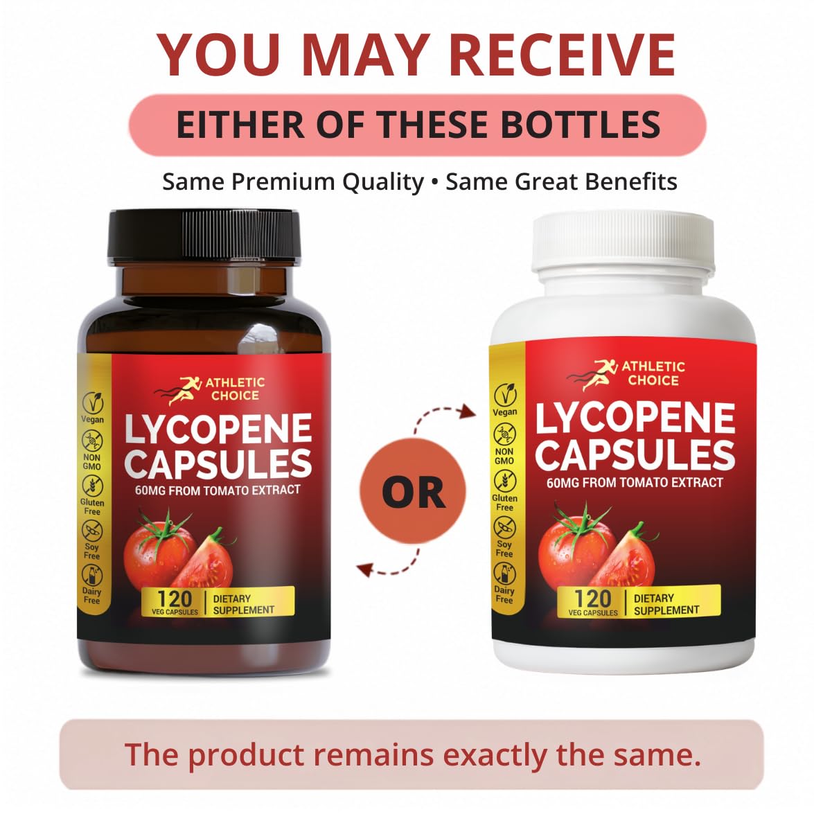 Athletic Choice Lycopene Supplement Capsule, 60mg, Natural Tomato Extract Powder, 120 Capsules