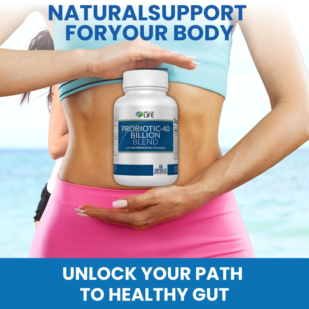 Well of Life Probiotic 40 Billion CFU Probiotics for Gut Health & Digestive Support Metabolism Supplement with Digestive Enzyme Blend Vegan Non-GMO Capsule, 60 Count