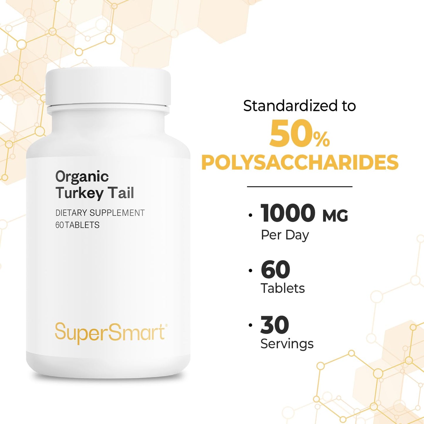 Supersmart Organic Turkey Tail 1000mg per Day Mushroom Extract Supplement Tablets, 60 Tablets