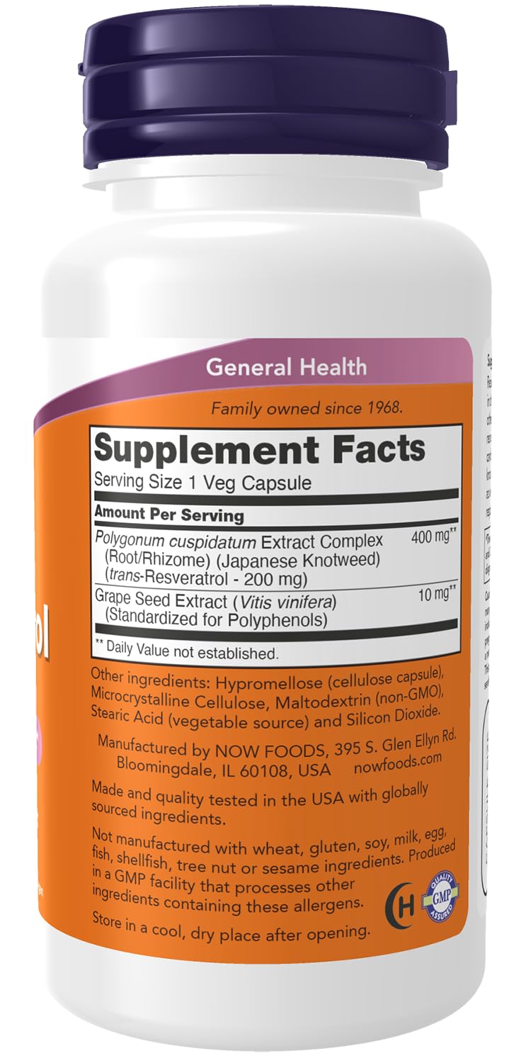 NOW Foods Resveratrol 200 mg with Grape Seed Extract Capsules, 60 Count