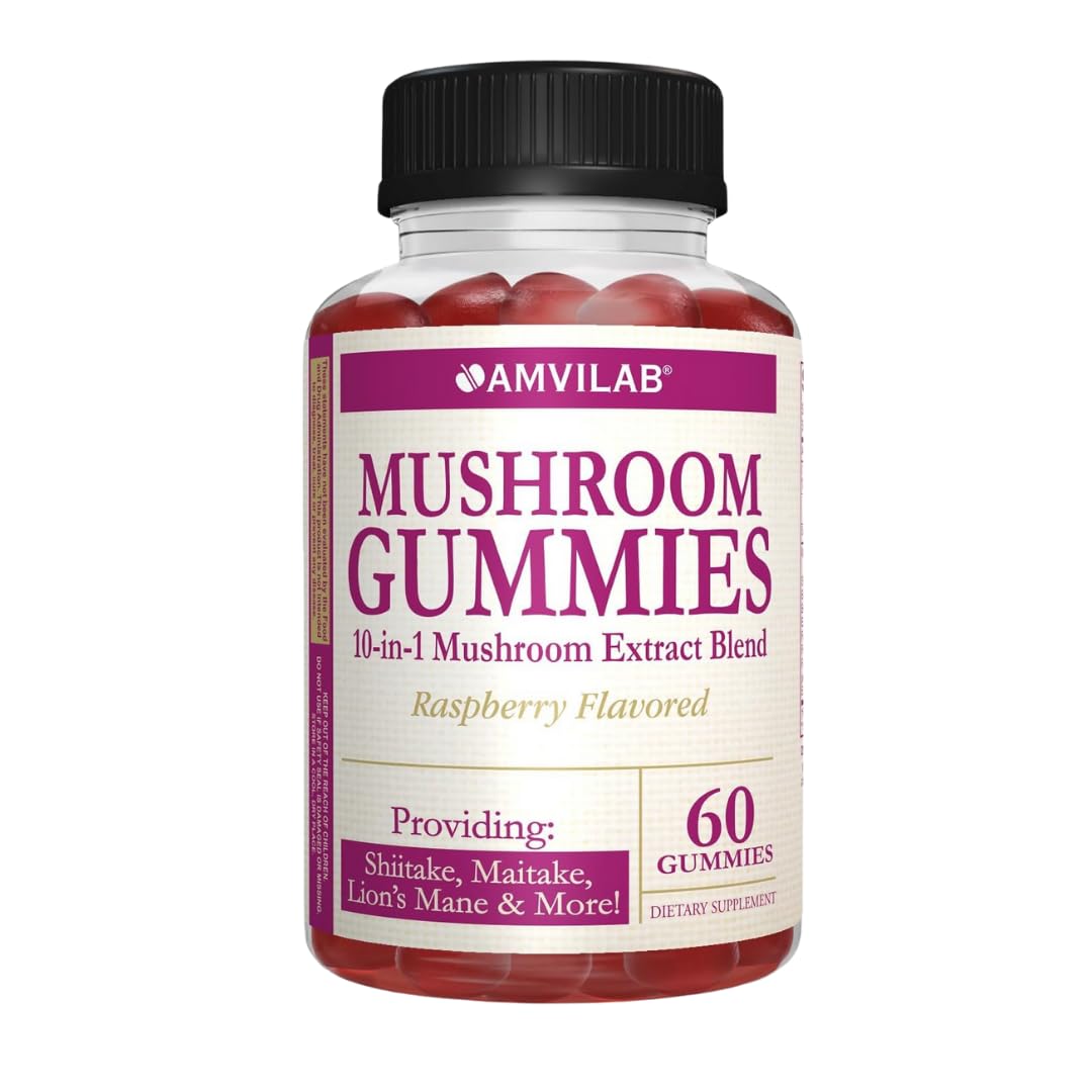 AMVILAB Mushroom Gummies Supplement – 10-in-1 Mushroom Extract Blend with Lion’s Mane, Shiitake, Maitake & Morel – Brain, Focus & Immune Support – Raspberry Flavor, 60 Gummies