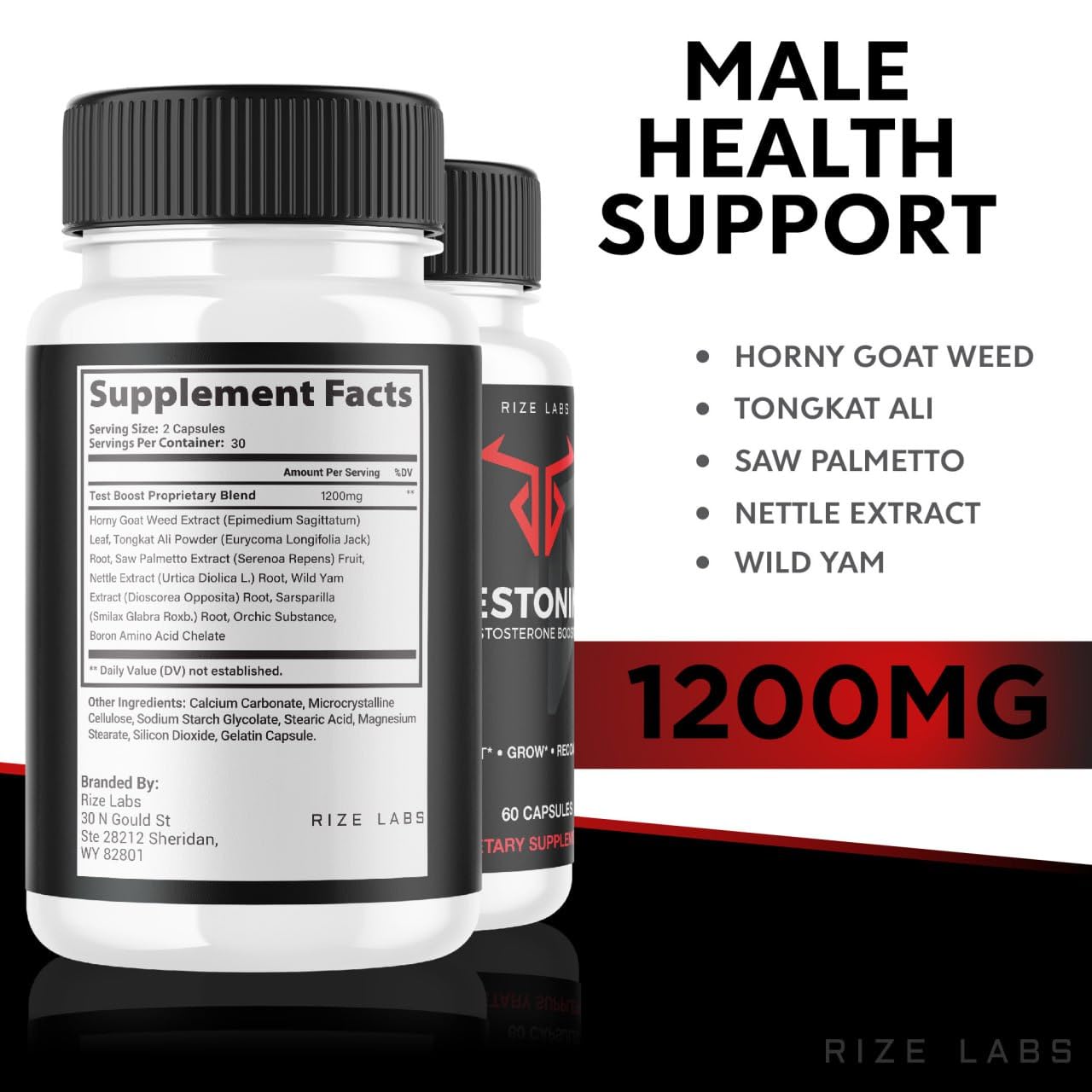 Rize Labs Testonine Male Supplement Capsules, 60 Count