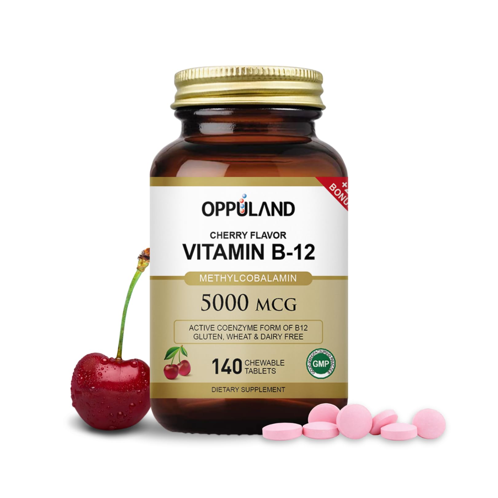 oppuland Methyl B-12 5000mcg Chewable with Folate - Vitamin B12 Methylcobalamin Sublingual Tablets - Supports Energy & Brain Function - Vegan Supplement - Cherry Flavor - 140 Count