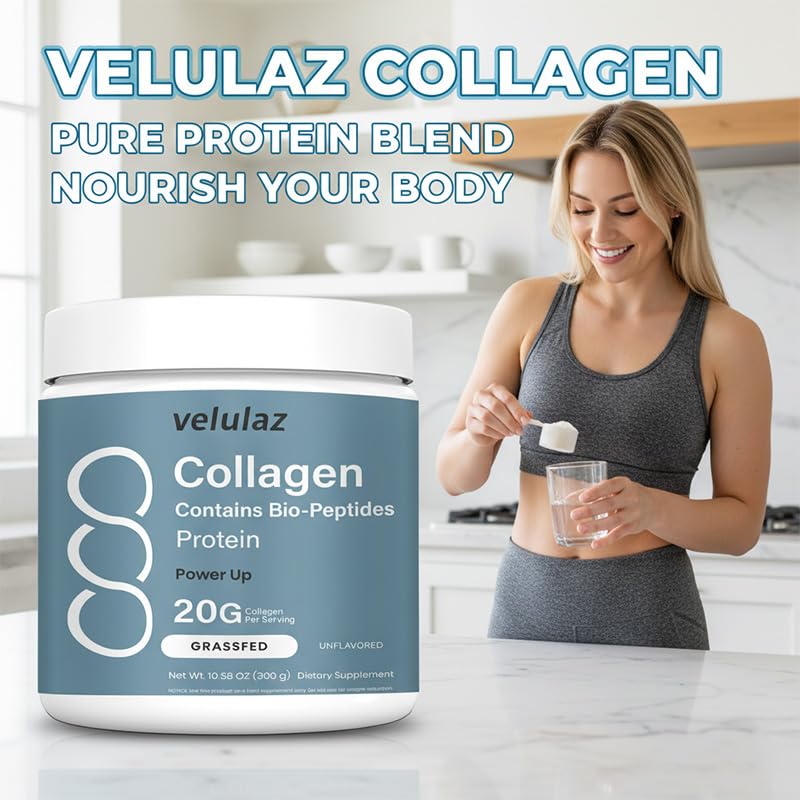 Velulaz Multi Collagen Bio-Peptides Powder Advanced with Hyaluronic Acid and Vitamin C – 10 Super Types of Collagen – Superior Absorption Formula – for Women and Men, 10.59 oz
