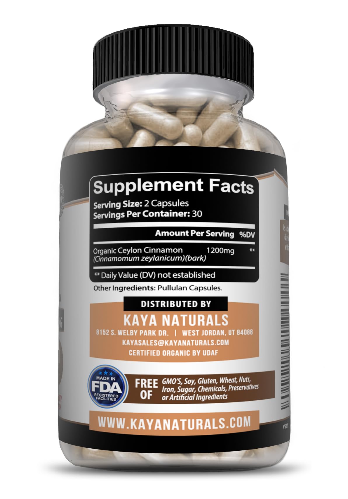 Kaya Naturals Organic Ceylon Cinnamon Supplement 1200mg per Serving, 60 Capsules