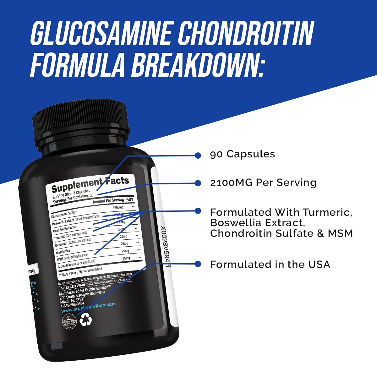 Orphic Nutrition Glucosamine Chondroitin MSM 2100mg Capsules, 90 Count