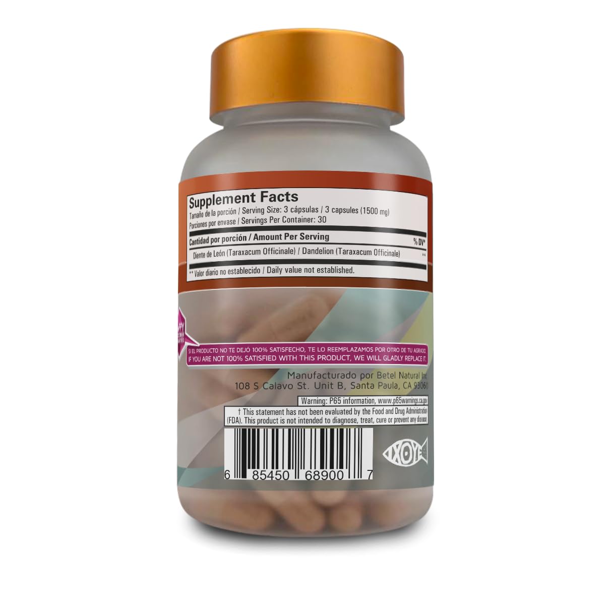 Betel Natural Premium Diente de Leon (Dandelion) Capsules Detox and Cleansing - 90 Caps