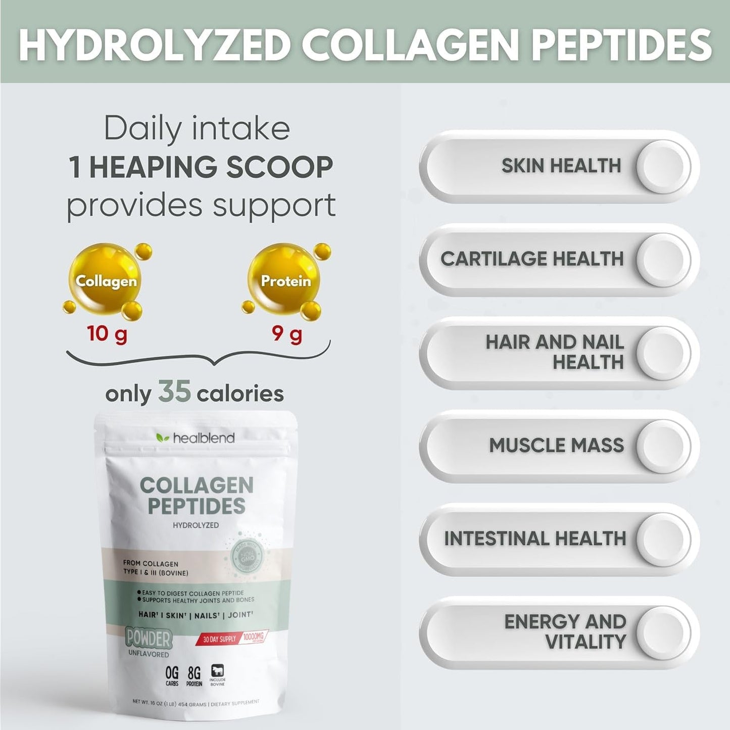 healblend Bovine Collagen Powder, Hydrolyzed Multi Collagen Peptides - 1 lb Powder