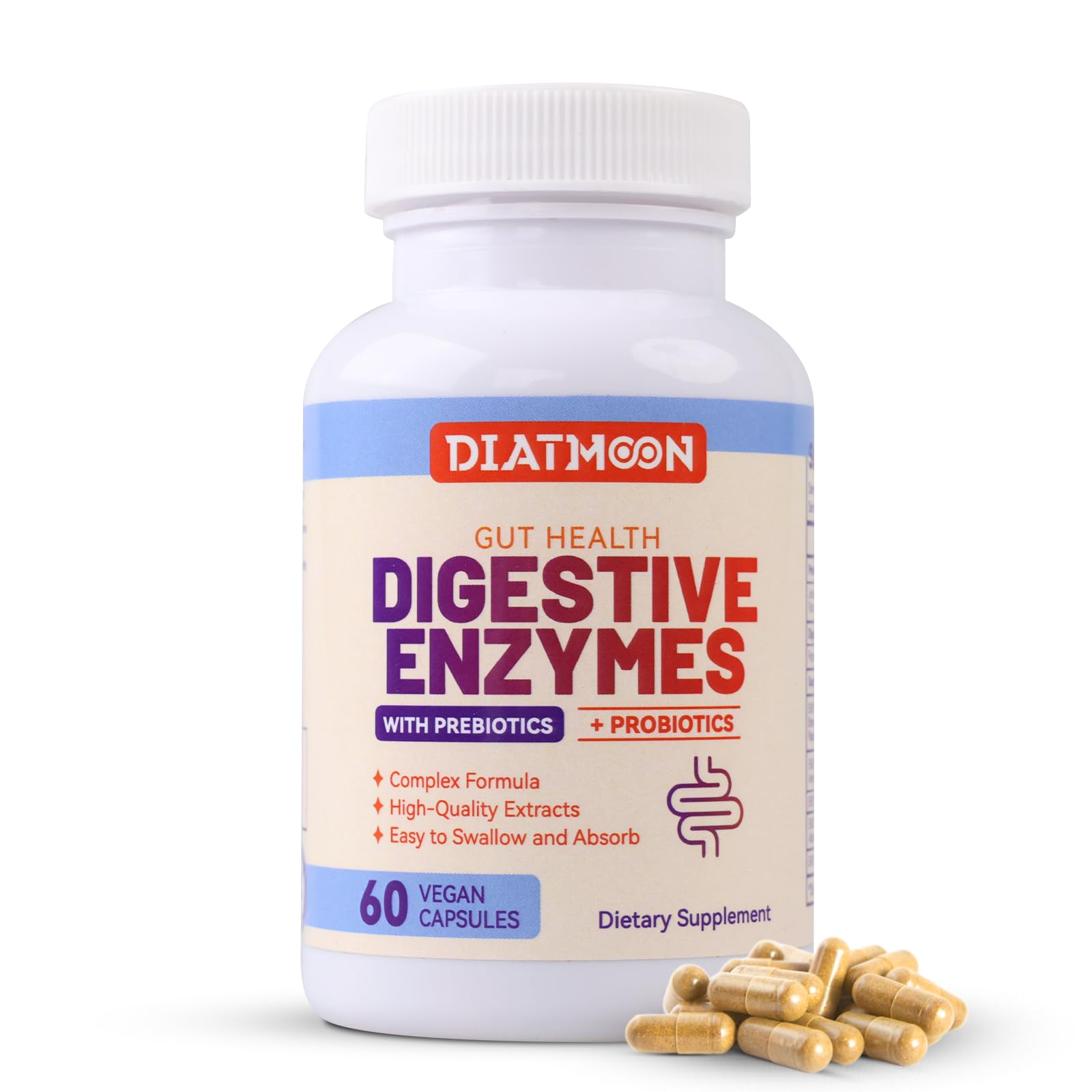 DIATMOON Digestive Enzymes with Probiotics and Prebiotics – Multi Enzymes for Better Digestion, Gut Health Support, 60 Capsules
