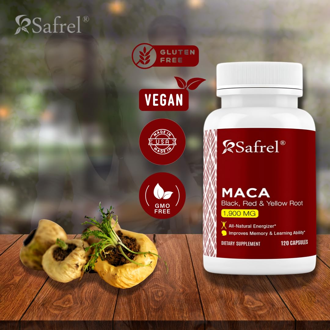 Safrel Organic Maca Root (Black, Red, Yellow) 1900 mg per Serving, Non-GMO, 120 Capsules