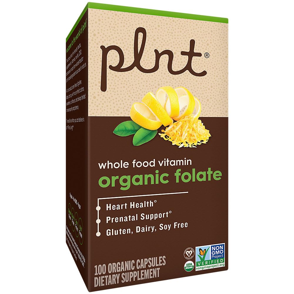 plnt Organic Folate Whole Food Prenatal Support 800mcg Folic Acid, Vegetarian Capsules, 100 Capsules