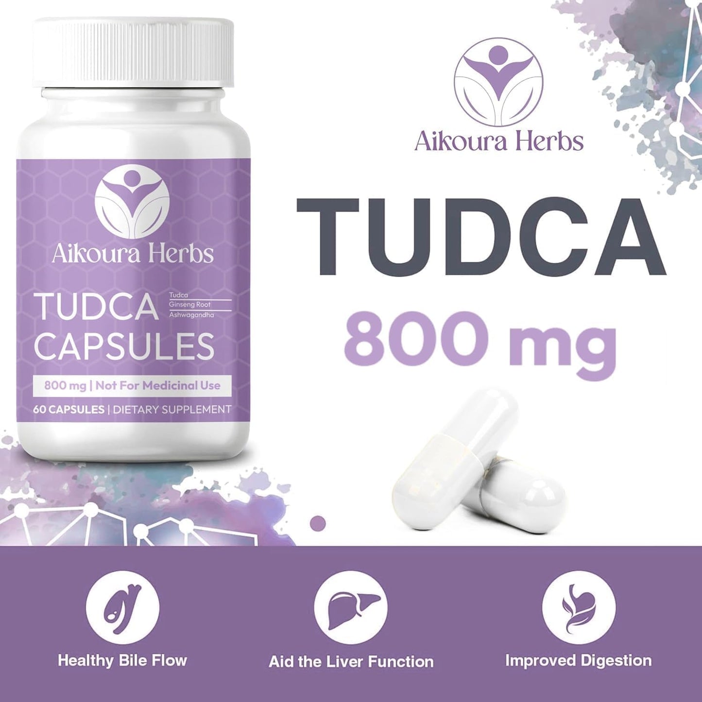 AIKOURA HERBS TUDCA 800mg Liver & Gallbladder Support Supplement Capsules, 60 Vegan Capsules