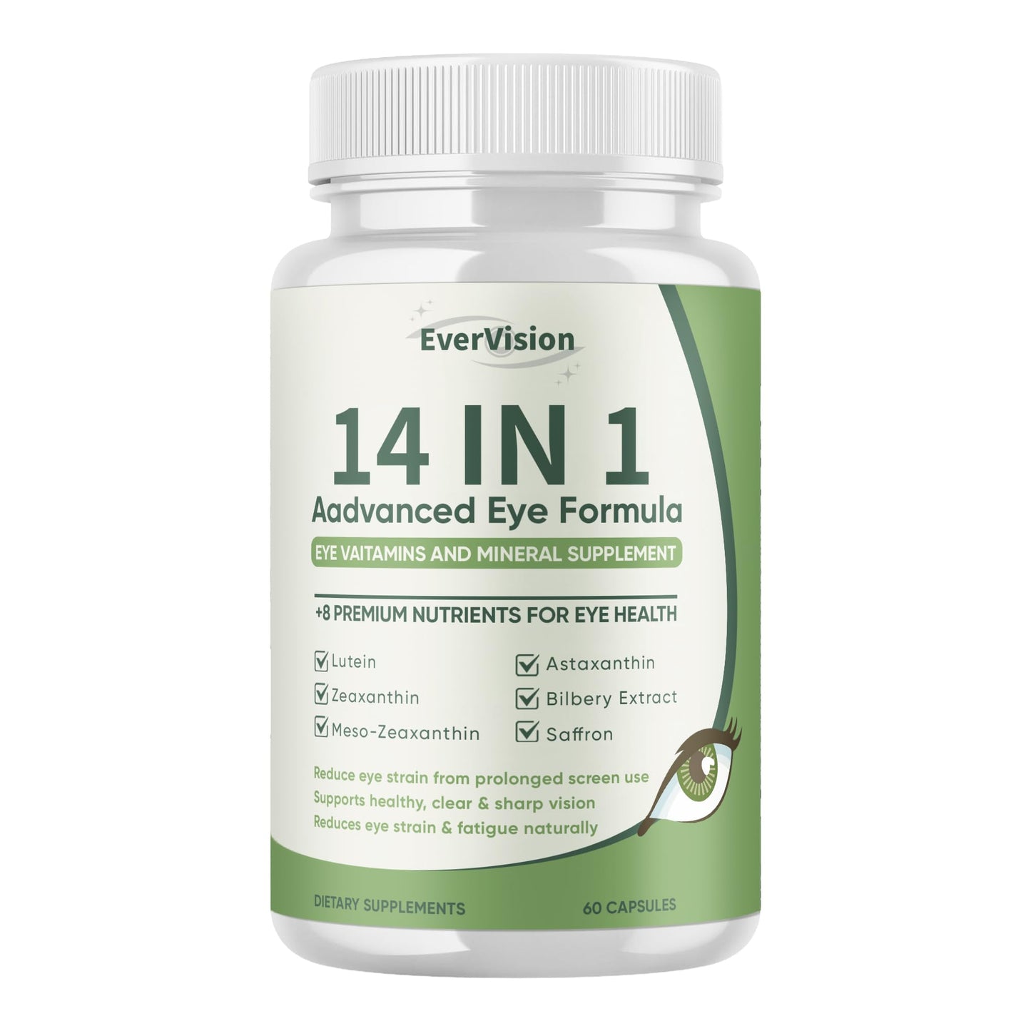 Wuliao Evervision 14 in 1 Advanced Eye Formula, Neurobella Eye Vitamin and Mineral Supplement with Zinc, Lutein, Zeaxanthin & Bilberry Extract, 60 Capsules