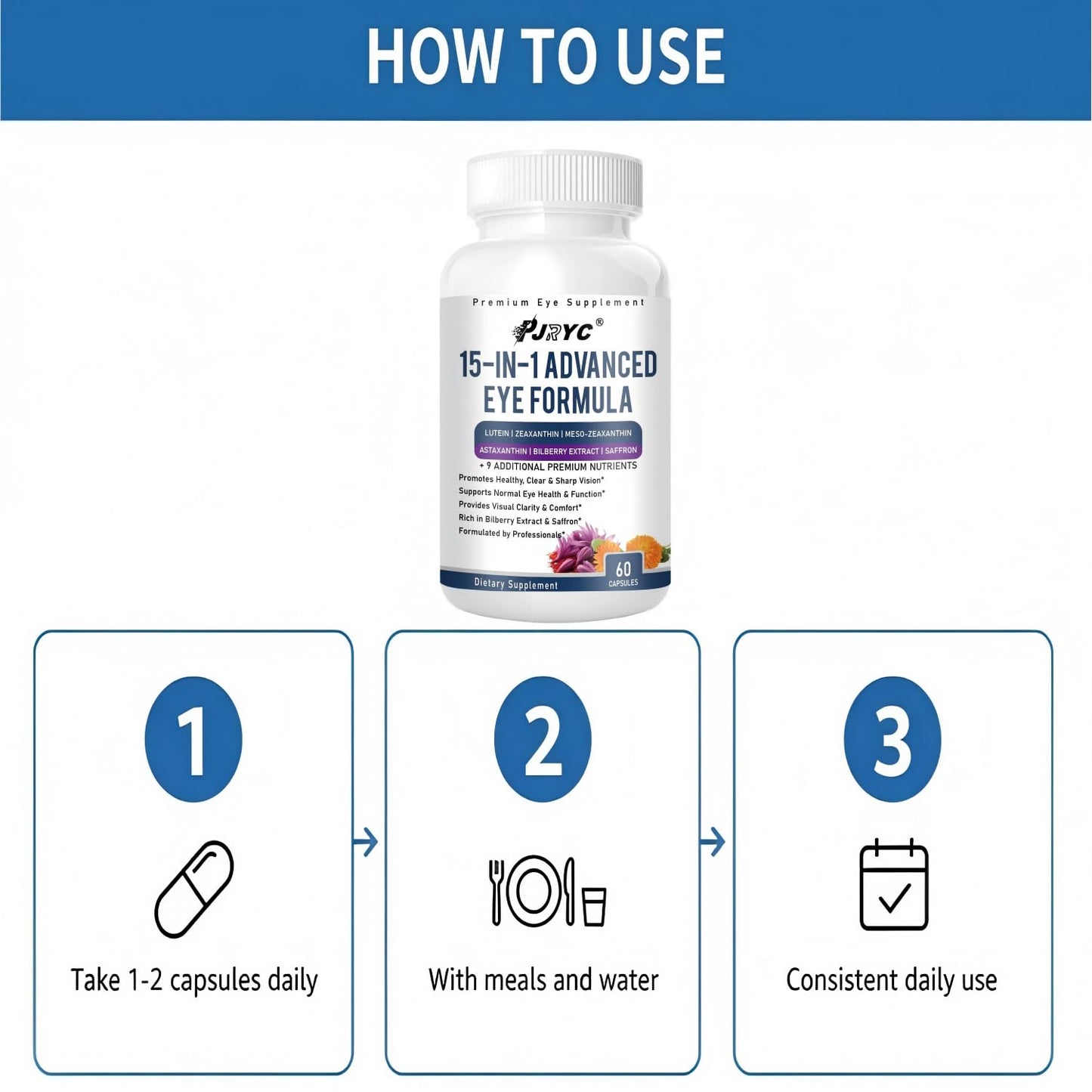 PJRYC Neurobella Eye Formula - VisioVance 15 in 1 Advanced Eye Formula with All 3 Carotenoids, Lutein & Zeaxanthin, Bilberry Extract and Saffron, Daily Visual Support Formula for Screen Use, 120 Capsules