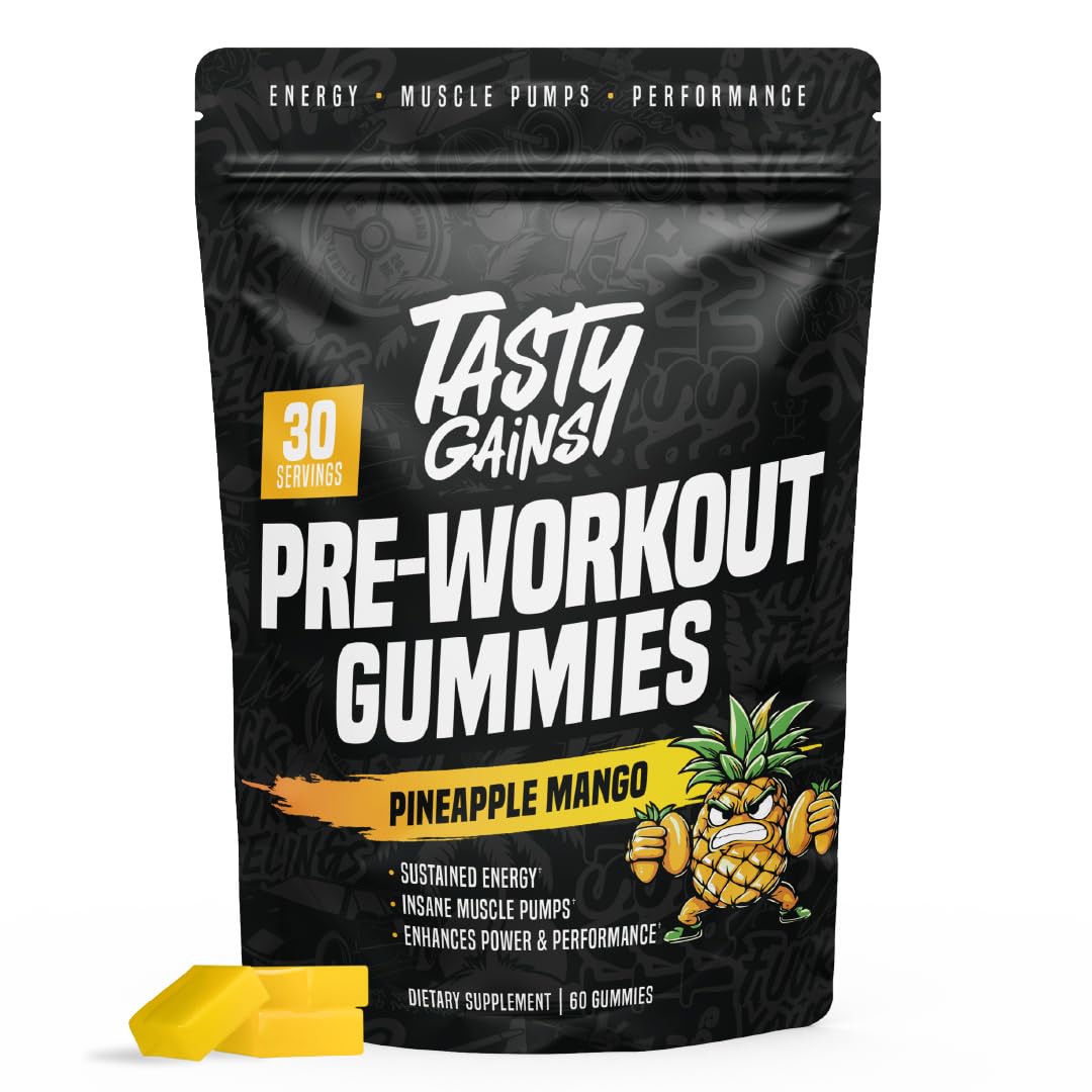 TASTY GAINS Pre-Workout Gummies – Energy & Focus Boost, 200mg Caffeine, Fat-Burning Preworkout for Strength & Endurance, 60 Gummies