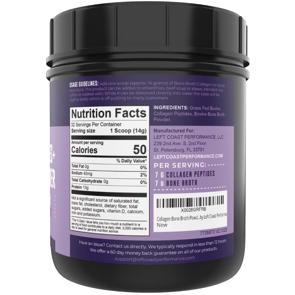 Left Coast Performance Bone Broth Powder with Grass Fed Collagen Peptides, 16 oz