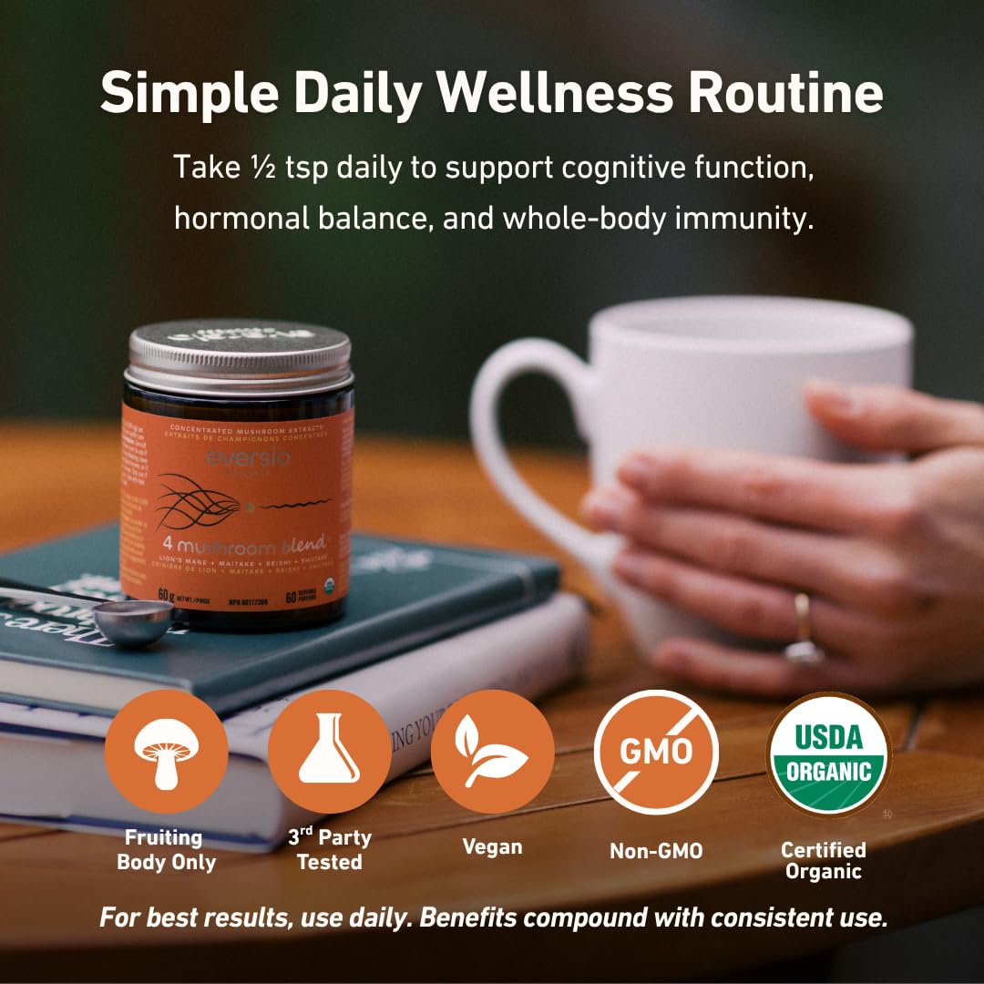 Eversio Wellness Organic 4 Mushroom Blend Complex Powder – Reishi, Lion’s Mane, Maitake & Shiitake Fruiting Body Extract Blend – Daily Immune & Stress Support, 2.12 oz