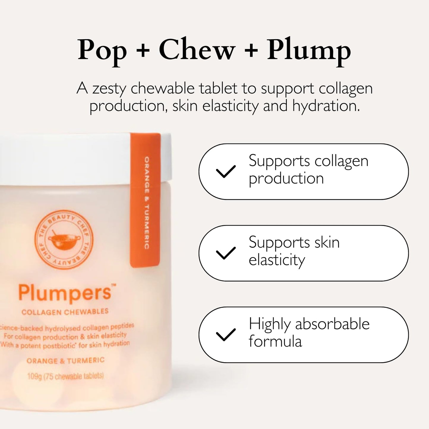 The Beauty Chef Plumpers Collagen Chewable Tablets with Hyaluronic Acid & Postbiotic, 75 Tablets