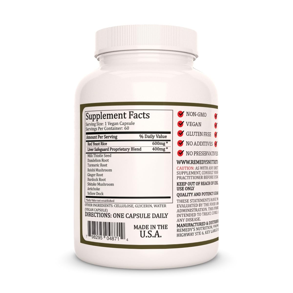 Remedy’s Nutrition Red Yeast Rice with Liver Safeguard (Herbal Proprietary Blend), 1,000 mg, 60 Capsules
