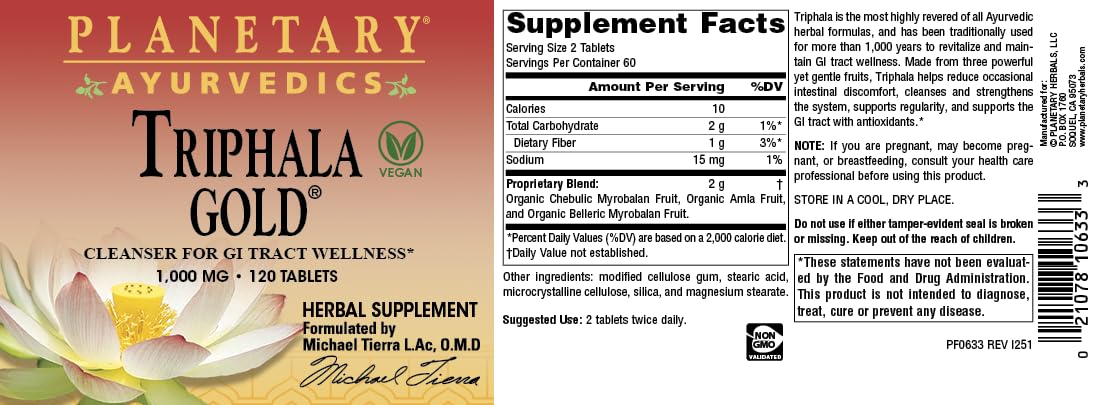 Planetary Herbals Triphala Gold 1000mg Extra Strength Ayurvedic 120 Tablets