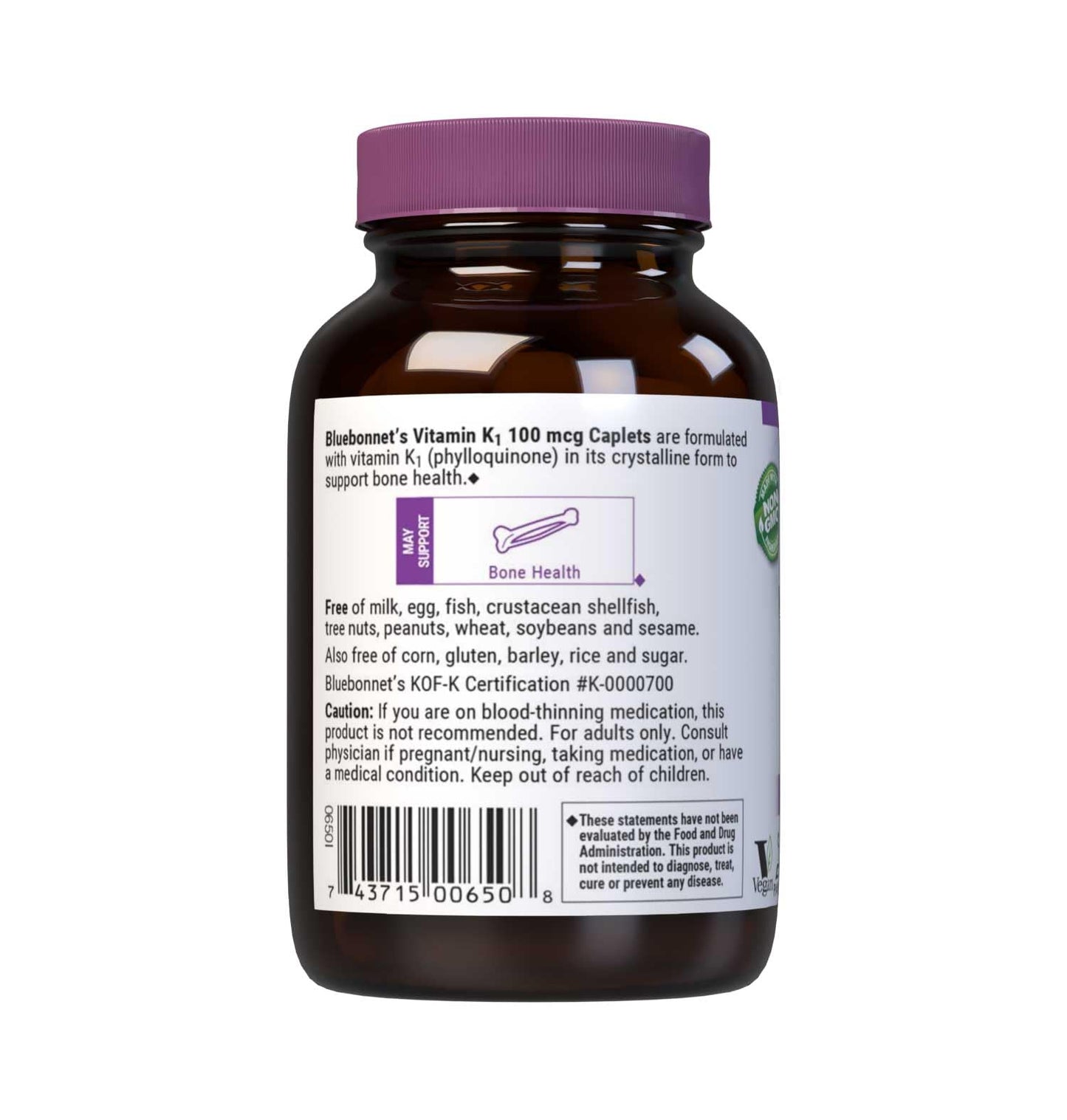 BlueBonnet Vitamin K1 100 mcg Caplets, 100 Count