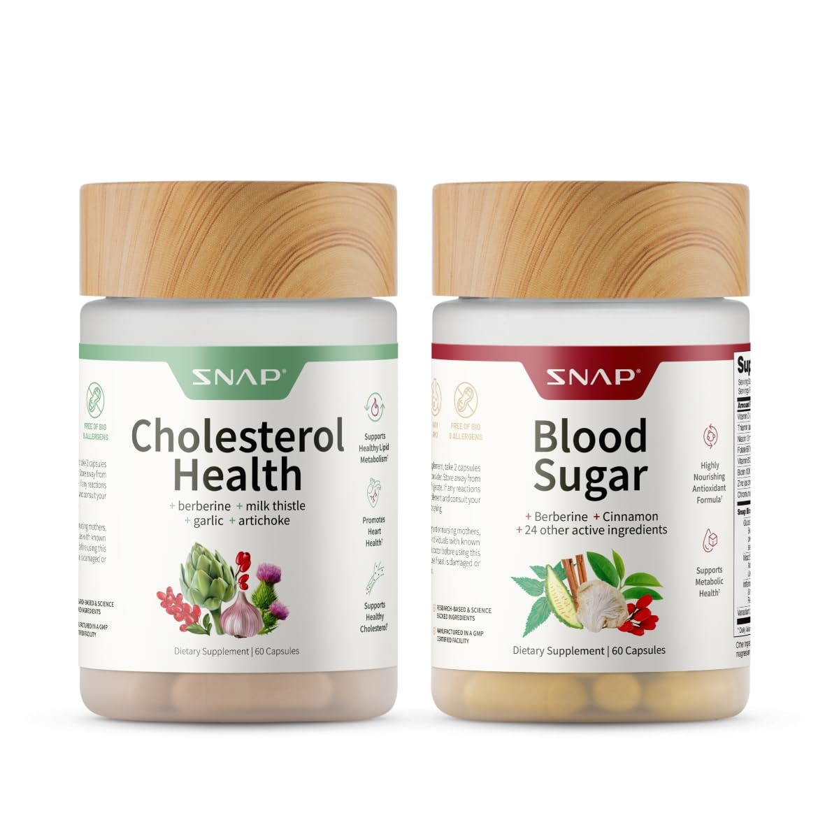Snap Supplements Cholesterol Health + Blood Sugar Blend Bundle, 120 Vegetarian Capsules