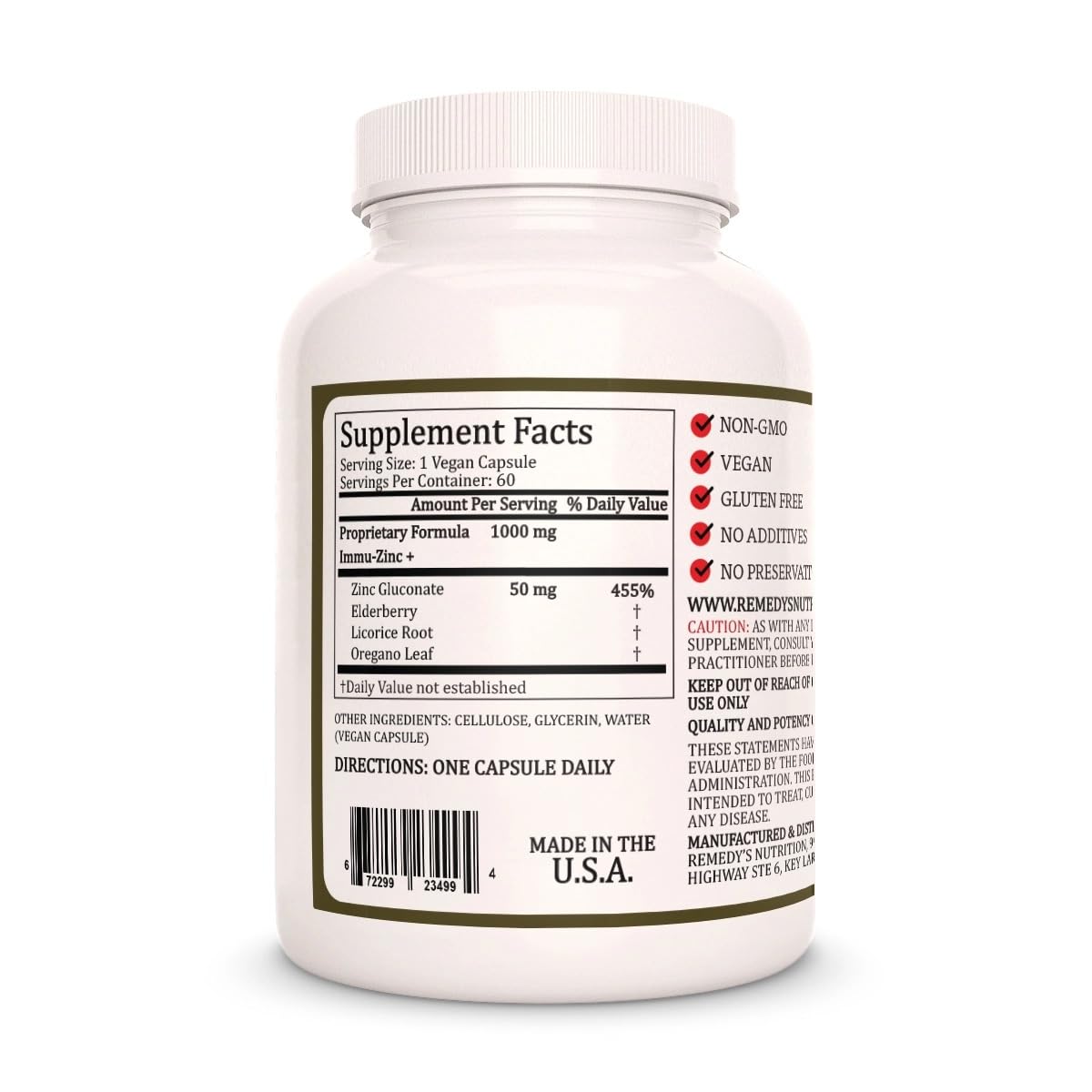 Remedy’s Nutrition Immu-Zinc + 1000 mg Vegetarian Capsules, 60 Count