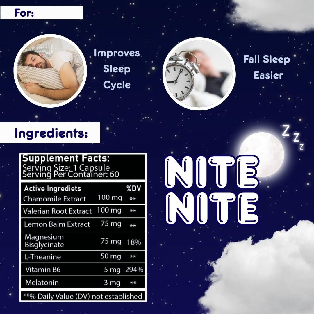 Nurse Harvey's Nite Nite Adult Sleep Capsules with 3mg Melatonin, Magnesium Bisglycinate, Vitamin B6 – 60 Vegan Capsules