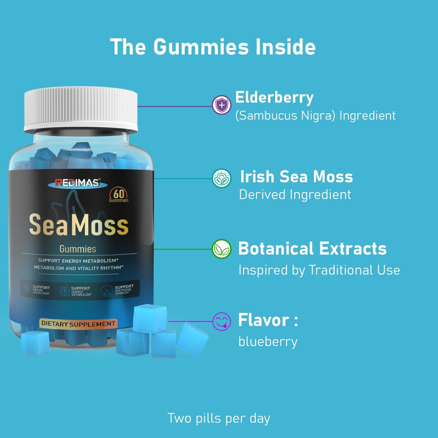 Redimas Sea Moss Gummies with Ashwagandha Root – Blueberry Flavor, Plant-Based Chewy Supplement, Daily Wellness, 60 Count