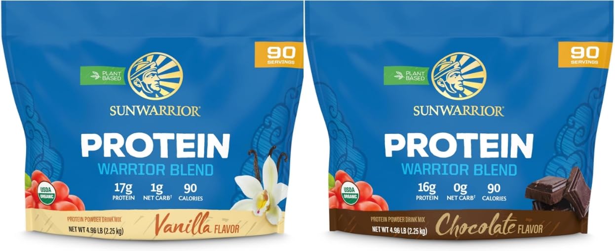 Sunwarrior Chocolate & Vanilla Organic Plant Based Protein Powder Set, 90 Servings Each