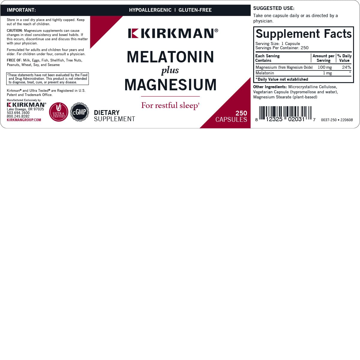 Kirkman Melatonin Plus Magnesium Capsules, 250 Count