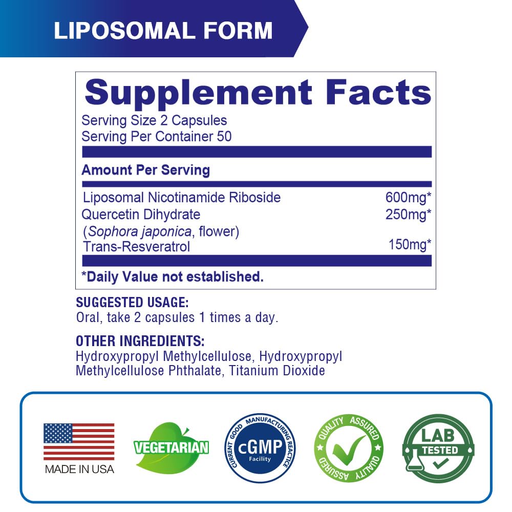 LOVITA Liposomal NR (Nicotinamide Riboside) 1000 mg with Quercetin & Trans-Resveratrol, Vegan Enteric-Coated Capsules, 100 Capsules