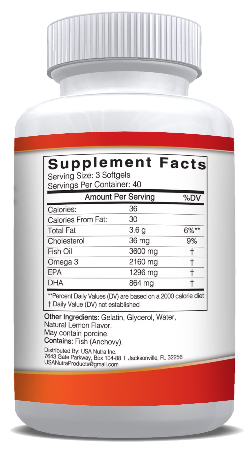 USANUTRA Omega 3 Fish Oil Supplement 3600mg with EPA and DHA Softgel, 120 Softgels