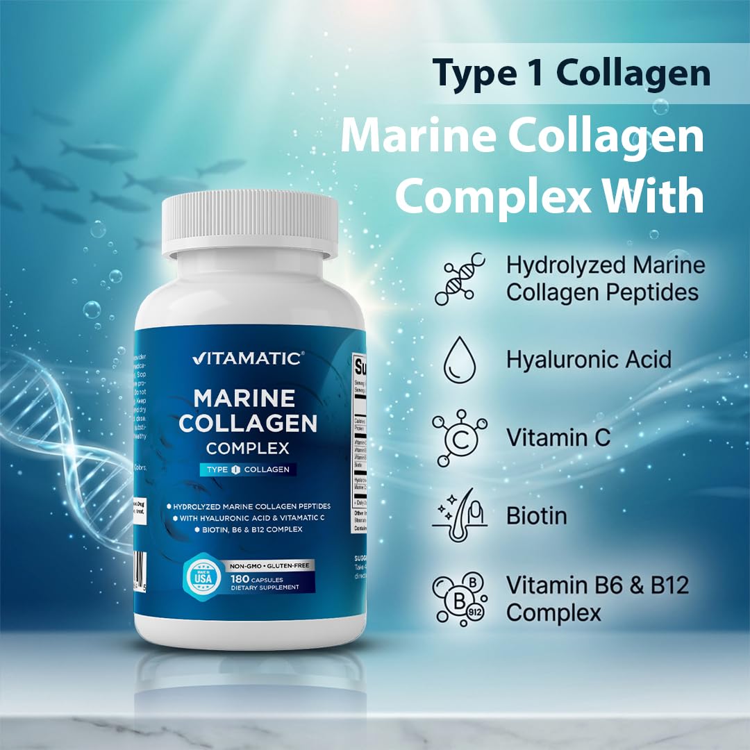 Vitamatic Marine Collagen Complex Type I 2000 mg per Serving with Hyaluronic Acid, Vitamin C, Biotin, B6 & B12 – 180 Capsules