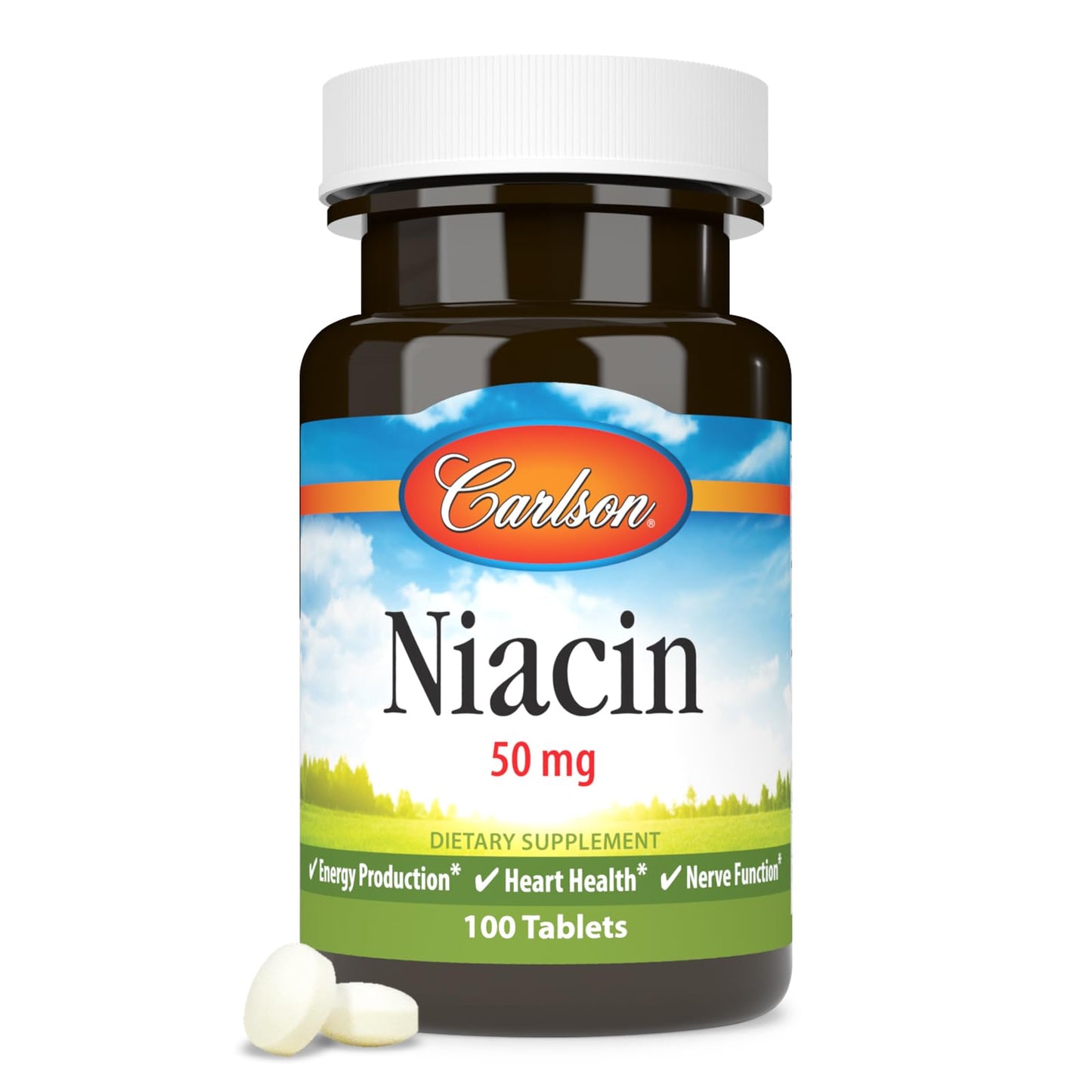 Carlson Niacin 50 mg Tablets, Supports Cholesterol Metabolism, Energy Production, Heart Health, Nerve Function, 100 Tablets