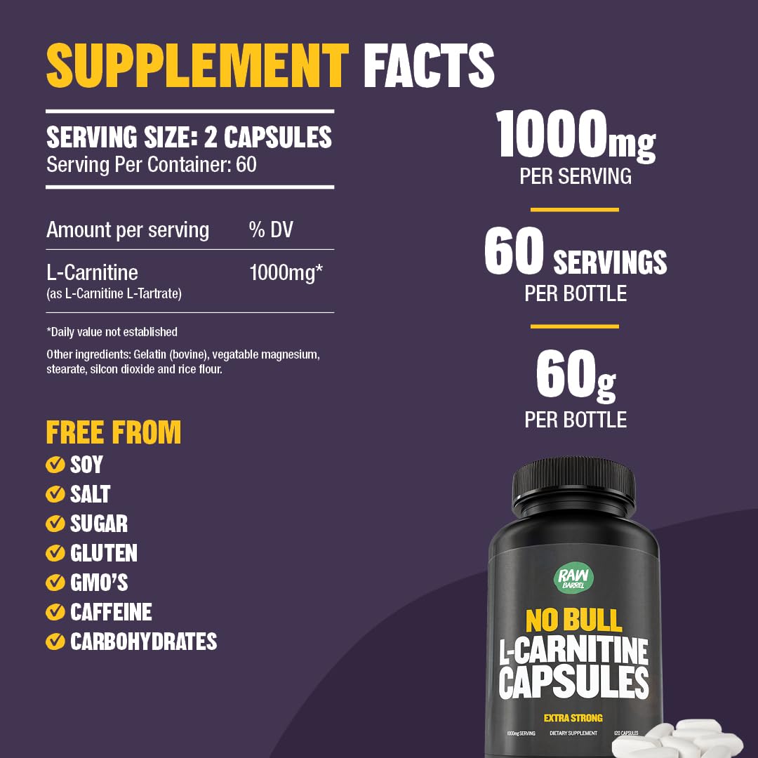 Raw Barrel L-Carnitine L-Tartrate Capsules 500mg, 120 Count
