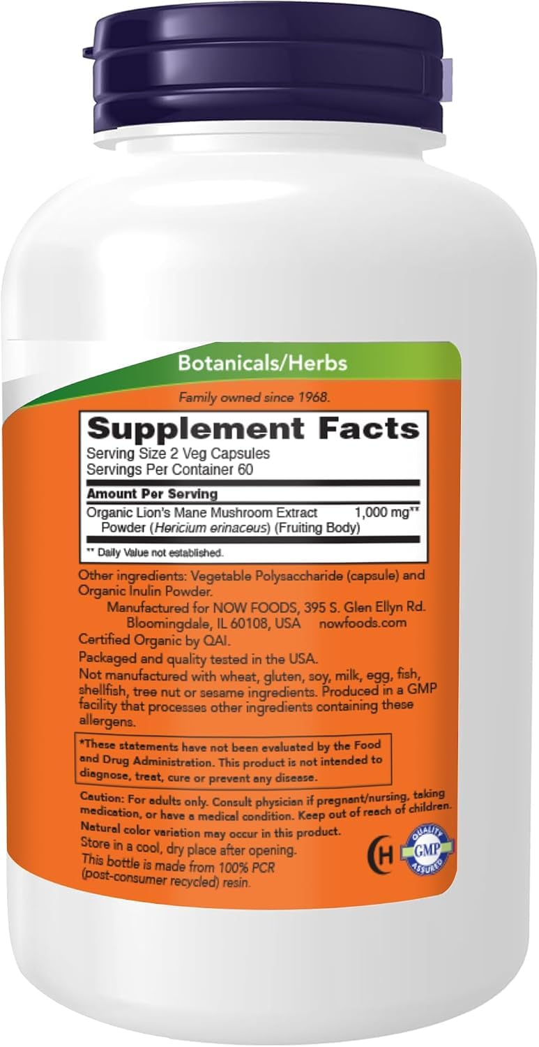 NOW Foods Lion's Mane 500 mg Super Mushroom Capsules, 360 Capsules