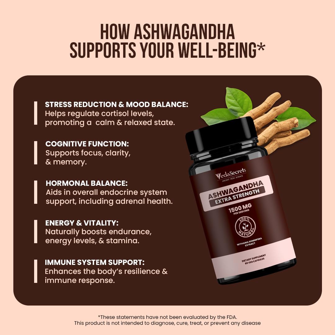 VedaSecrets Ashwagandha Herbal Supplement 1000mg Capsules, 60 Count
