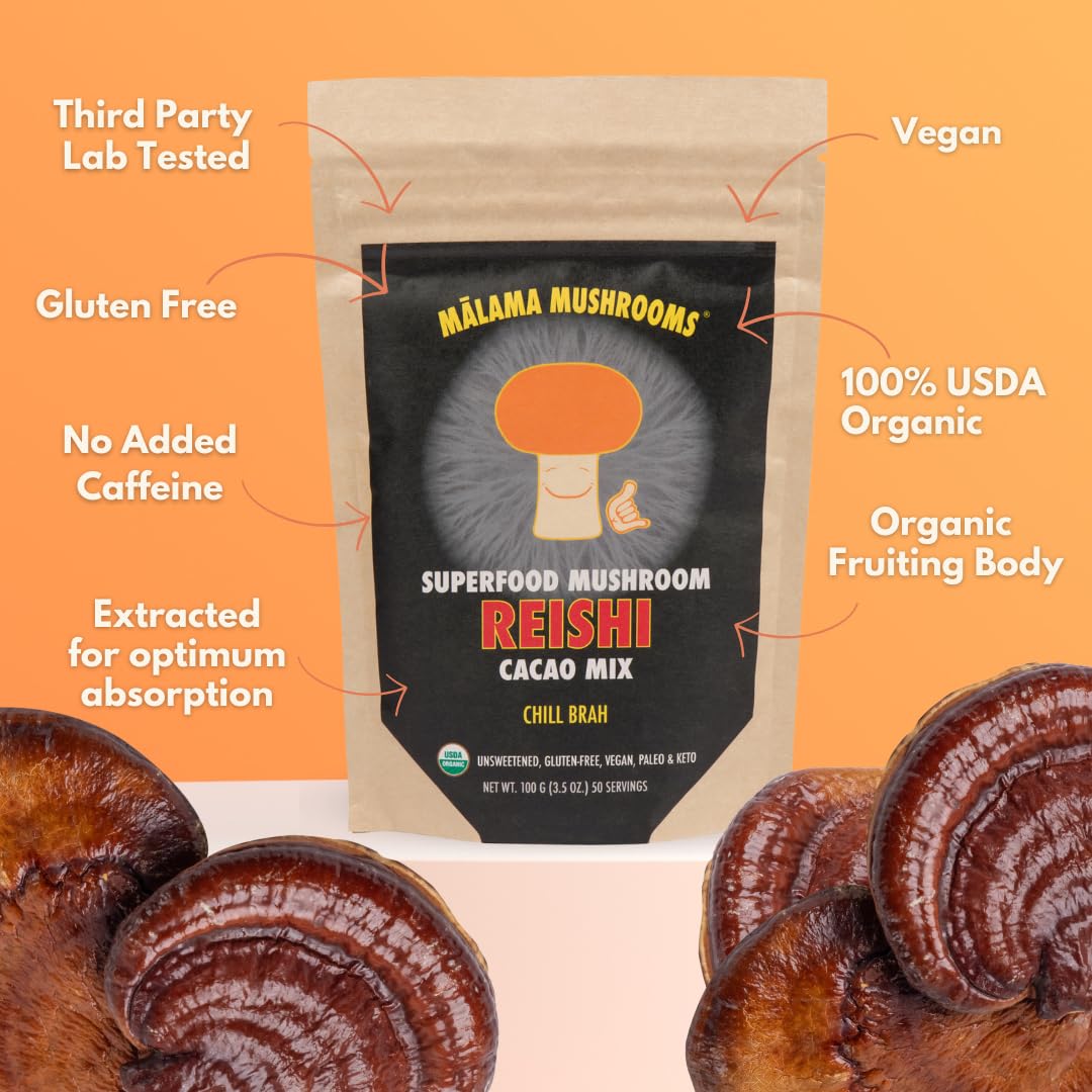 MALAMA MUSHROOMS Organic Mushroom Hot Cacao Mix Reishi Mushroom Powder 3.5 oz