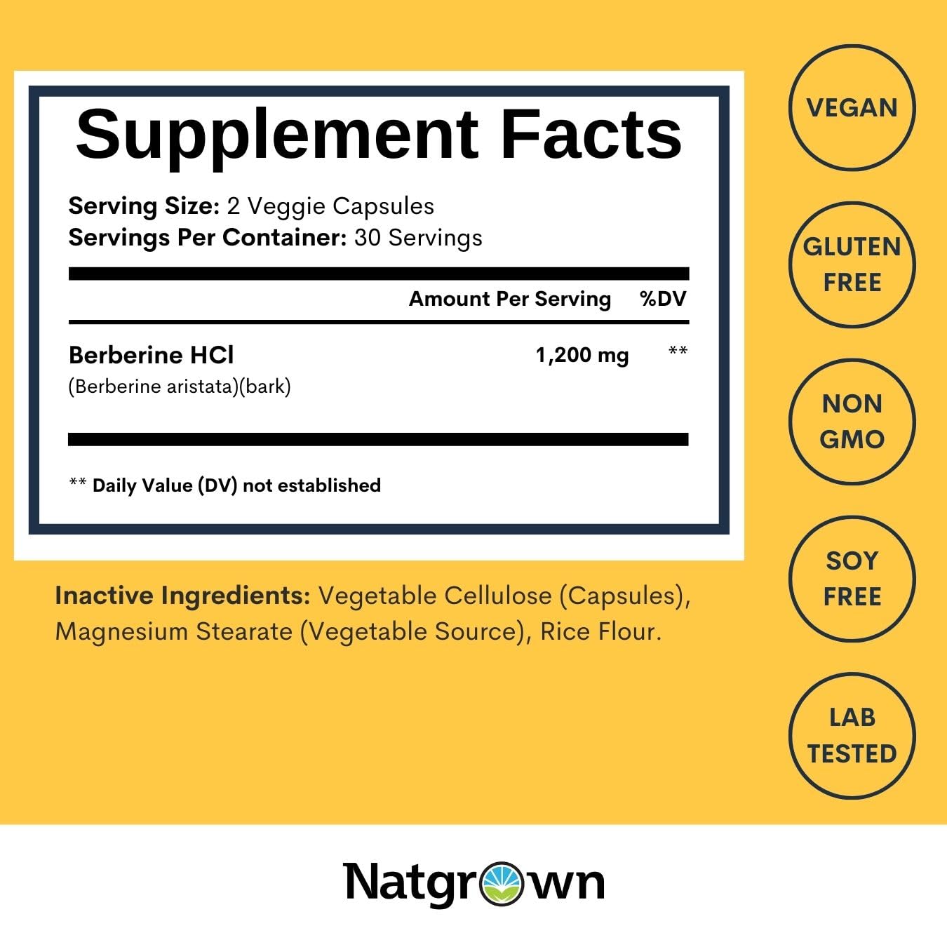Natgrown Berberine Supplement 1200 mg Berberine HCl Capsules, 60 Count