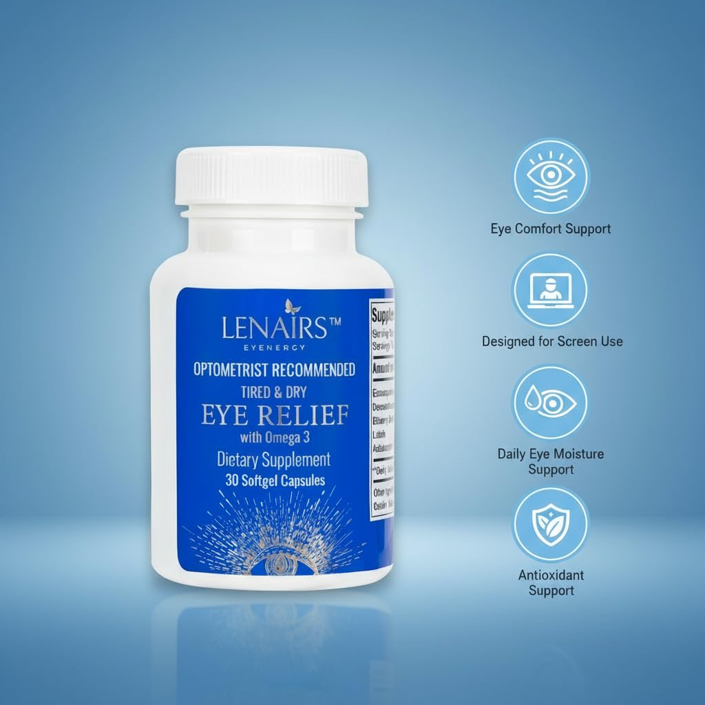 LENAIRS Tired & Dry Eye Relief Capsule Omega-3 EPA DHA, Lutein, Astaxanthin & Bilberry for Eye Comfort & Screen Use Support 30 Count