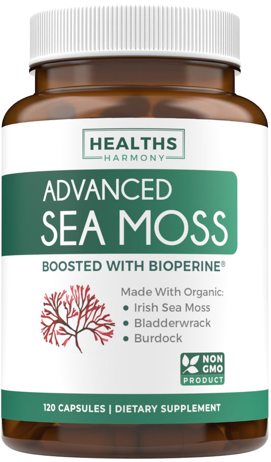 Healths Harmony Organic Irish Sea Moss Capsules with Bladderwrack, Burdock Root and Black Pepper Extract for Enhanced Absorption, Vegan Non-GMO, Made in USA, 120 Capsules
