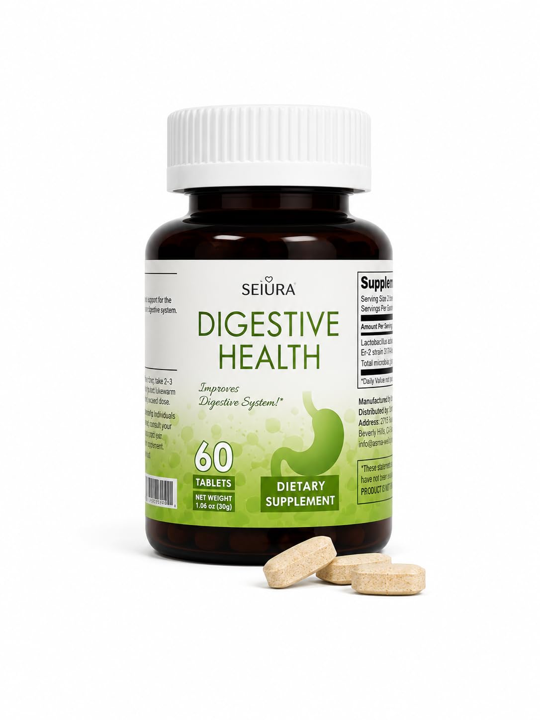 SEIURA Digestive Health Probiotic Supplement with L. Acidophilus for Gut & Intestinal Support 60 Tablets