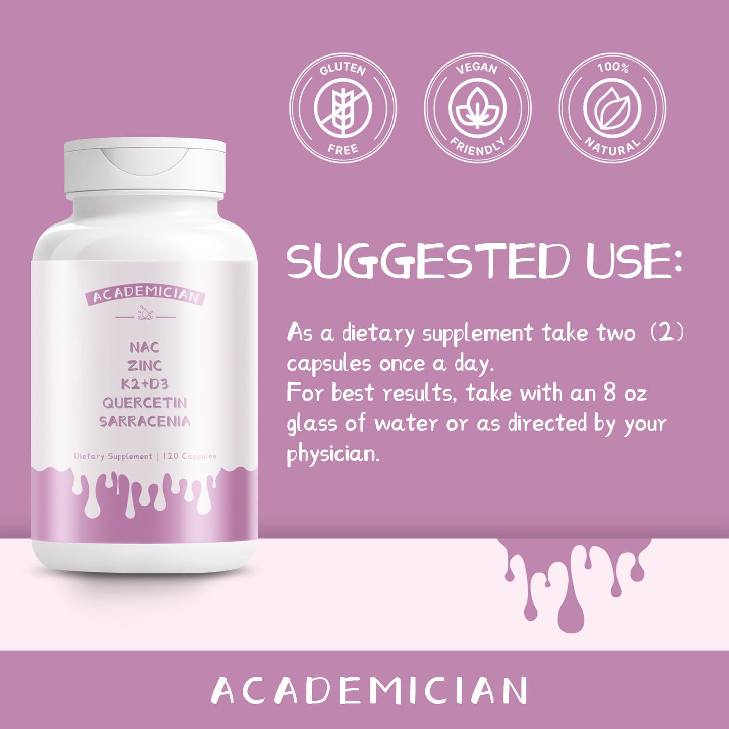 ACADEMICIAN Quercetin 500mg Capsules with Zinc, Vitamin D3, K2, NAC - 120 Count