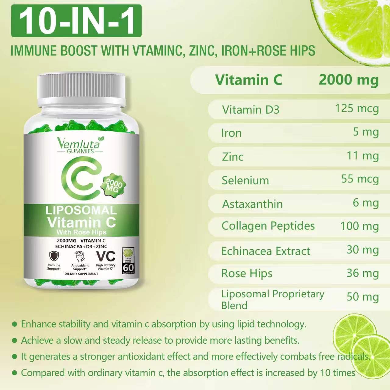 Vemluta Liposomal Vitamin C 2000mg Gummies Complex Rose Hips with D3 5000IU, Elderberry Echinacea, Iron & Zinc, Lemon Flavor, 60 Count