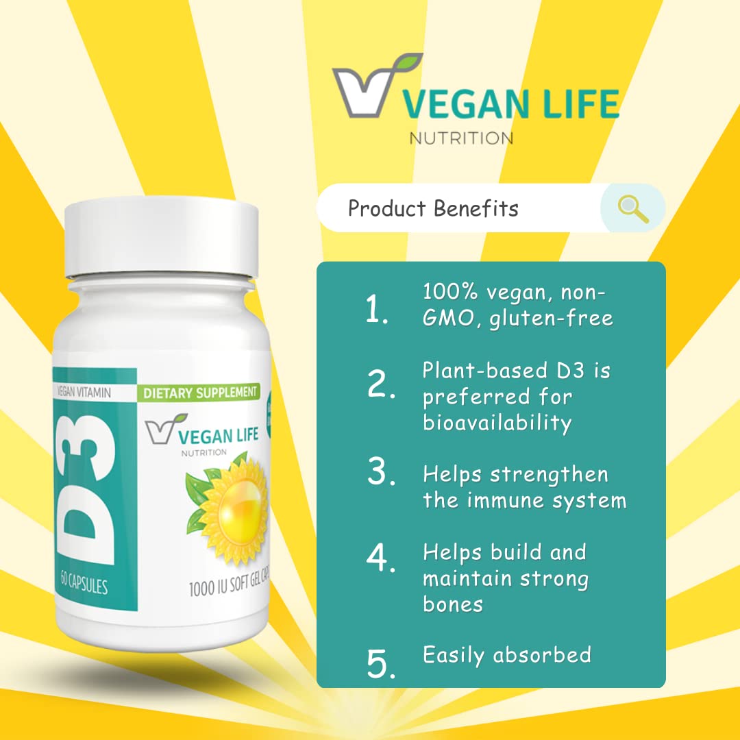 Vegan Life Nutrition Vitamin D3 Daily Capsules for Adults (1000 IU) 60 Capsules
