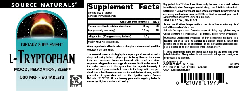 Source Naturals L-Tryptophan 500mg Tablet, 60 Tablets