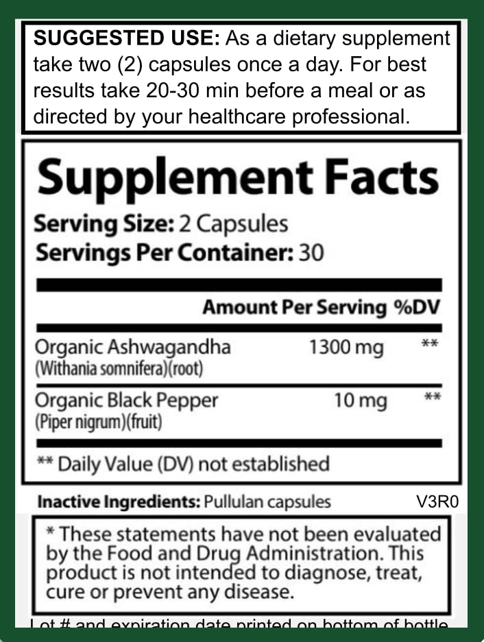 Hybrid Nutraceuticals Organic Ashwagandha Root Powder 1300mg with Black Pepper Extract - Stress and Immune Support, 60 Capsules
